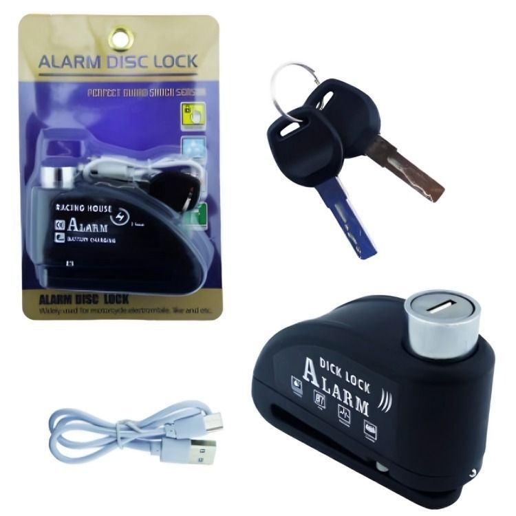 CANDADO PARA FRENO DISCO CON ALARMA NEGRO CON 2 LLAVES RECARGABLE-2