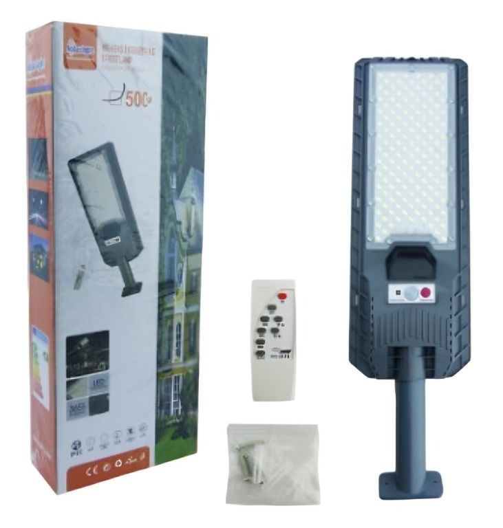 FOCO CON BRAZO SOLAR 500W PVC 140 LED CON CONTROL REMOTO SENSOR 40X15CM -0