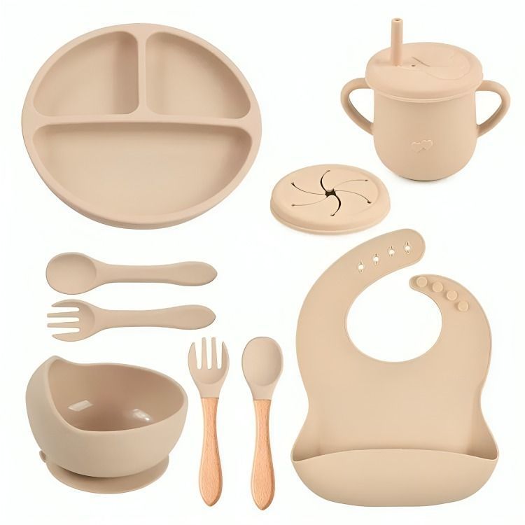 Set Alimentación Silicona Libre Bpa 9 Piezas Antideslizante Beige-1