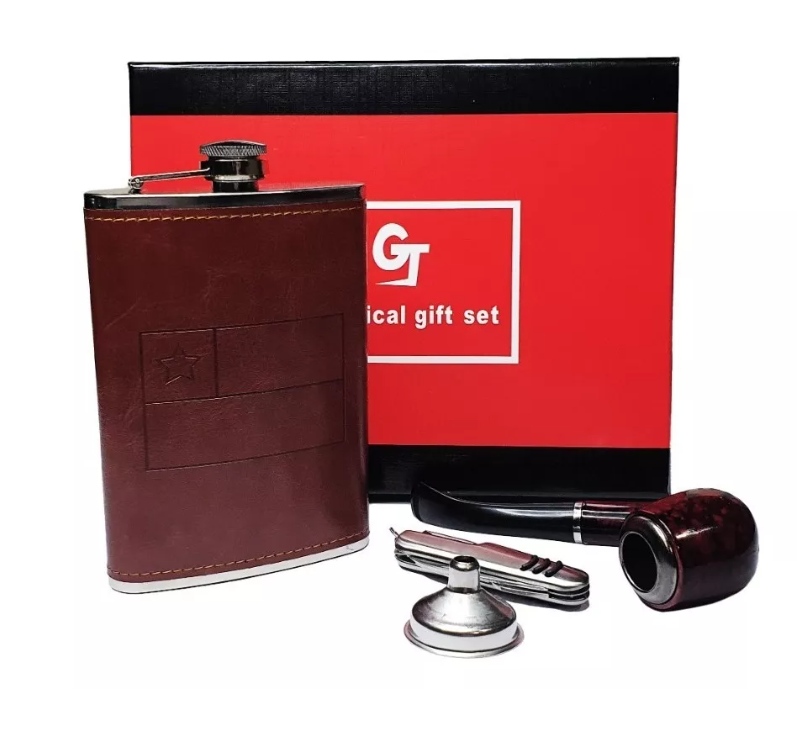 Set Petaca Whisky 9oz Regalo Coctelera Viaje Camping + Pipa-0