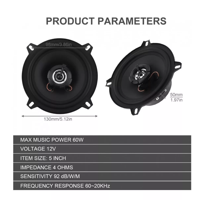 X2 Parlante Auto 13cm Redondo 60w Coaxial 2 Vías Hifi-1