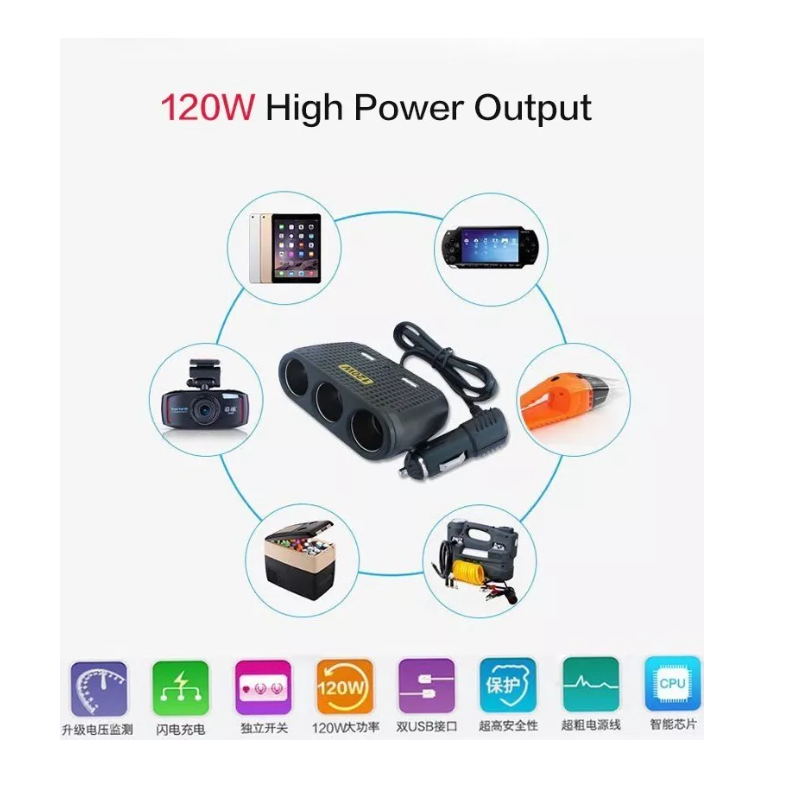 Adaptador Para Enchufe Encendedor Auto 1 A 3 +2 Usb Cargador-3