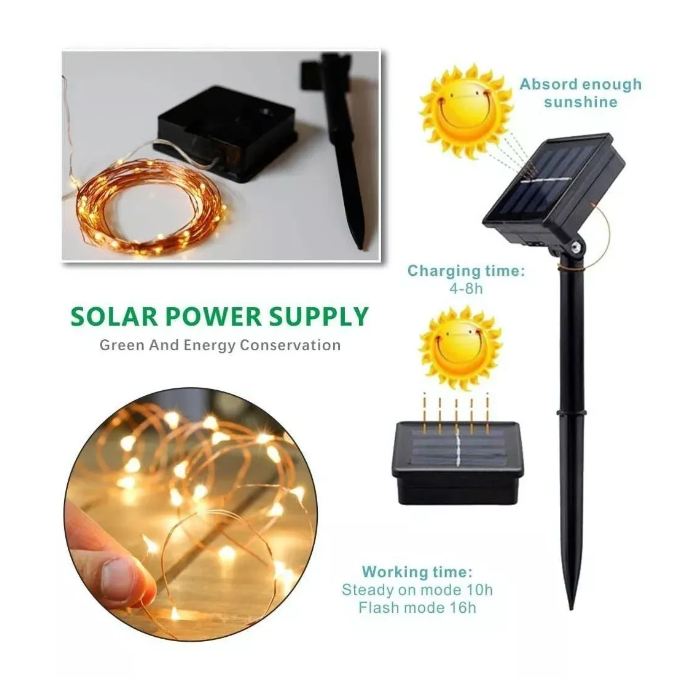 Lámpara Solar Luces Tira Led Al Aire 12 Mts 100 Led Navidad 3-2