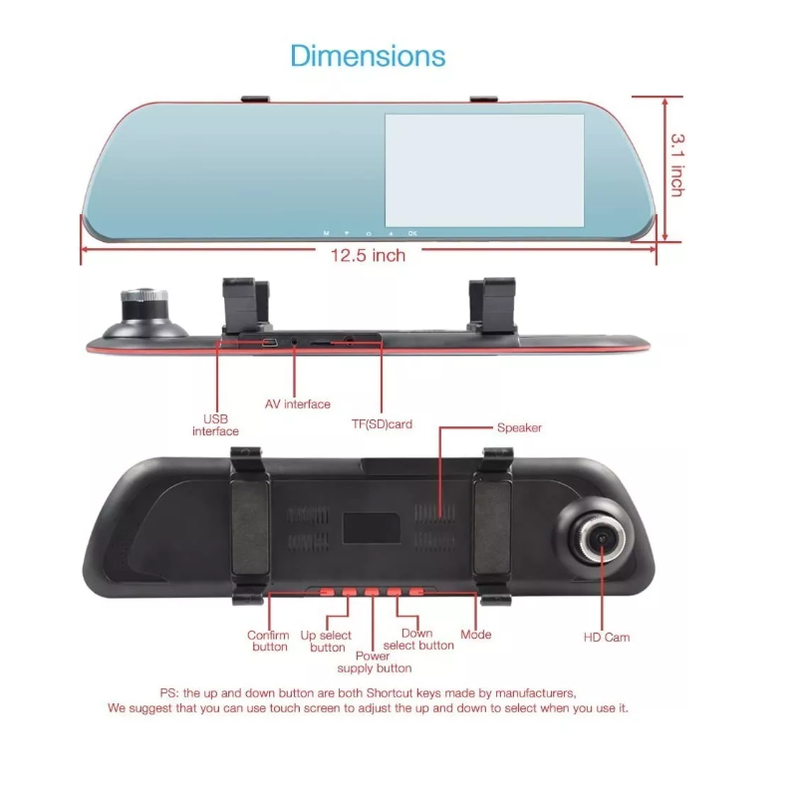 Cámara Auto Espejo Retrovisor 4.3 1080p + Cámara Retroceso-1