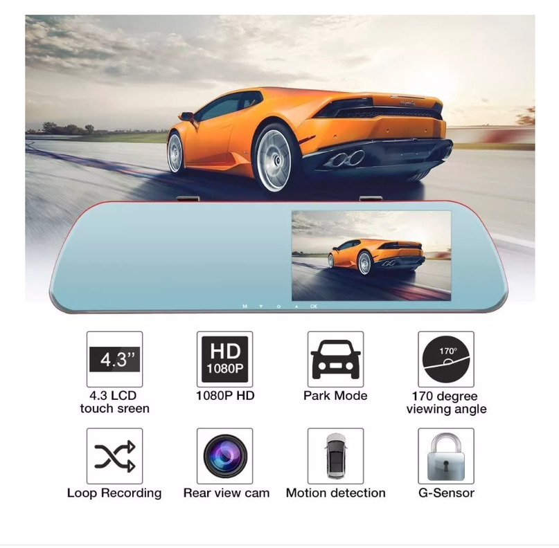 Cámara Auto Espejo Retrovisor 4.3 1080p + Cámara Retroceso-4