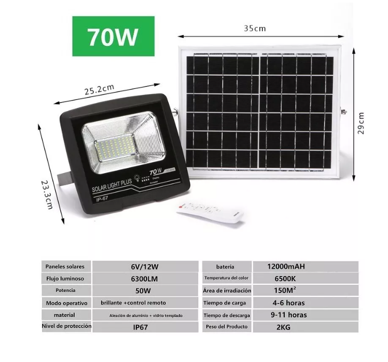 Lámpara Foco Solar Led 70w Flood Panel Solar Control Remoto-3