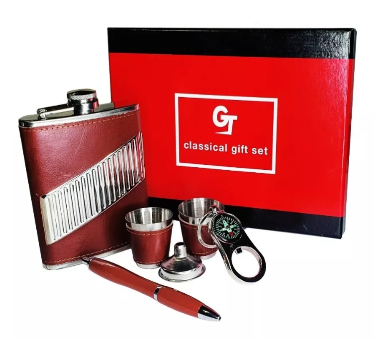 Set Petaca 8oz Para Whisky Coctelera Viaje Camping + Brujula-0