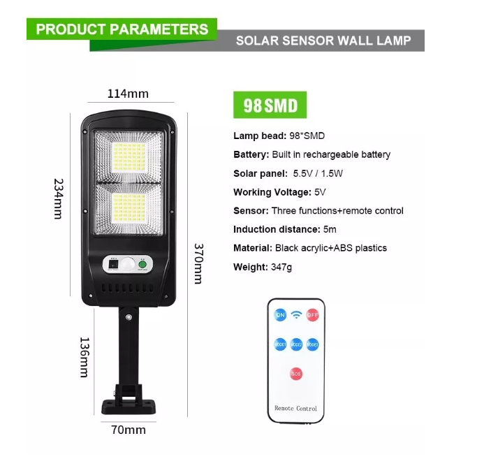 Foco Solar Luz Led 100w Exteriores 98 Led Sensor Movimiento-3