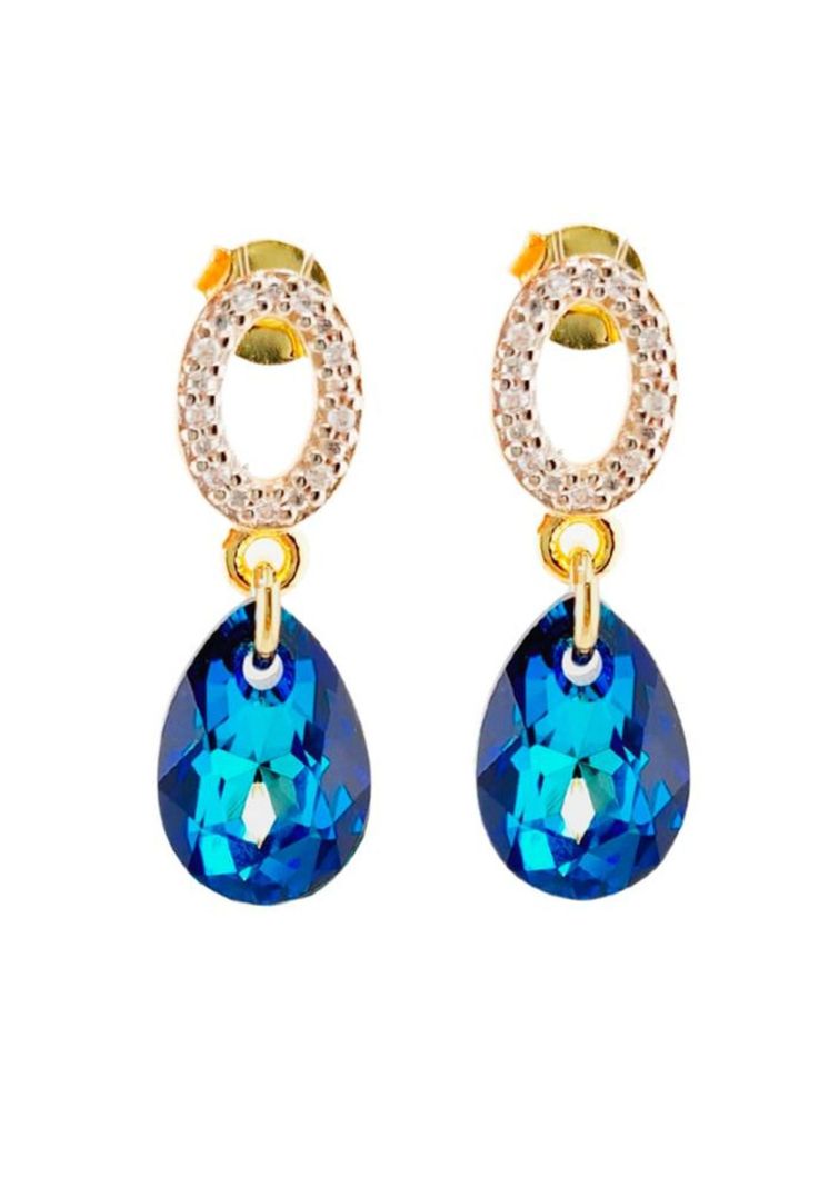 Aros Gota de Luz Gold 24K Cristal Swarovski Bermuda Blue