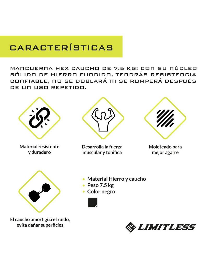Mancuerna Hexagonal Caucho De 7.5 Kg Limitless-2