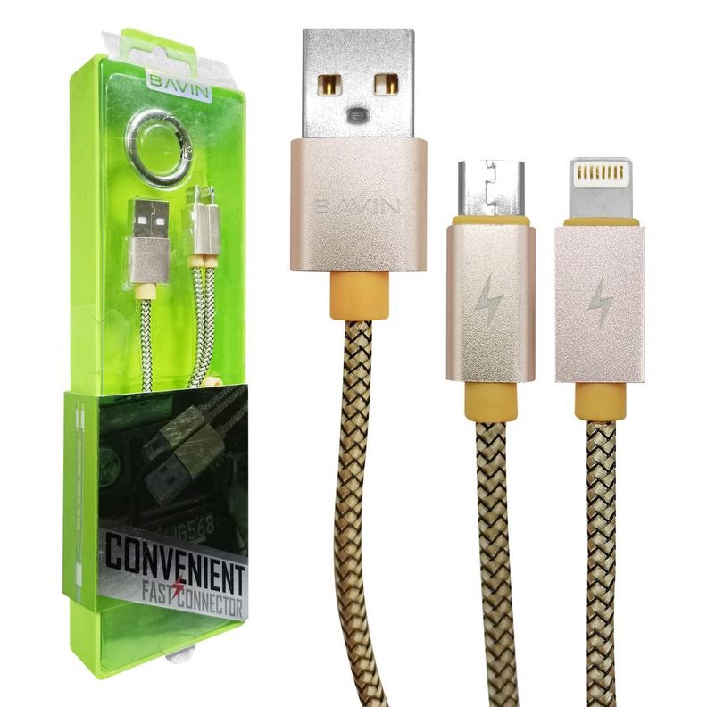 Cable USB de Carga Múltiple 2 en 1 (Micro USB - Lightning) 11.2 Cms. de Largo / Bavin Modelo CB-061-0