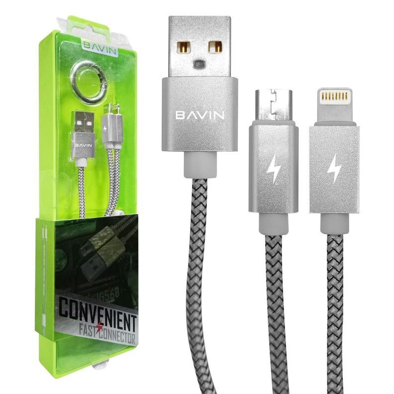 Cable USB de Carga Múltiple 2 en 1 (Micro USB - Lightning) 11.2 Cms. de Largo - Bavin Modelo CB-061-0