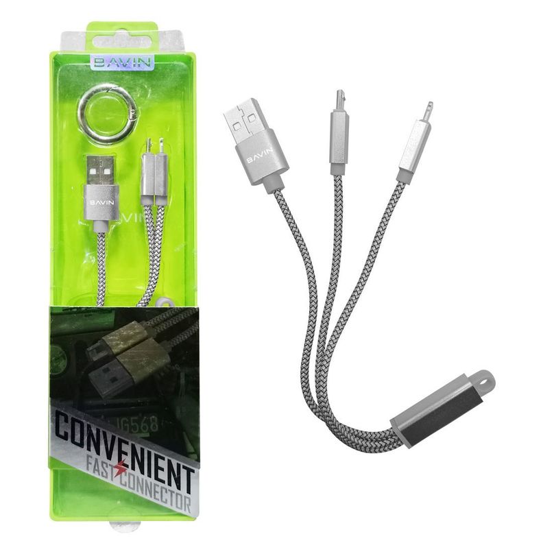 Cable USB de Carga Múltiple 2 en 1 (Micro USB - Lightning) 11.2 Cms. de Largo - Bavin Modelo CB-061-3