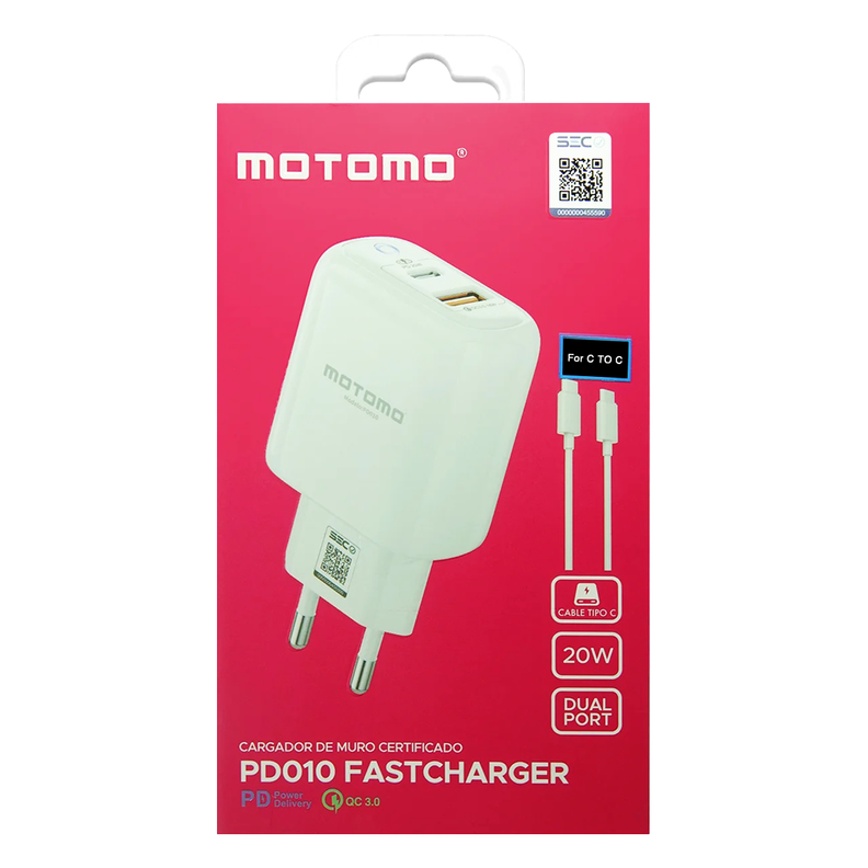 Cargador Certificado Carga Rápida 20W USB 3.0 USB Tipo C con Cable Tipo C a Tipo C Motomo Mod PD010-7