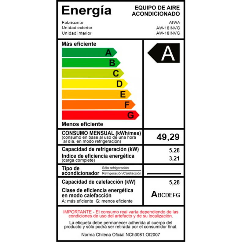 Aire Acondicionado Aiwa Split Inverter Frio Calor 18000btu AW-18INVG-7