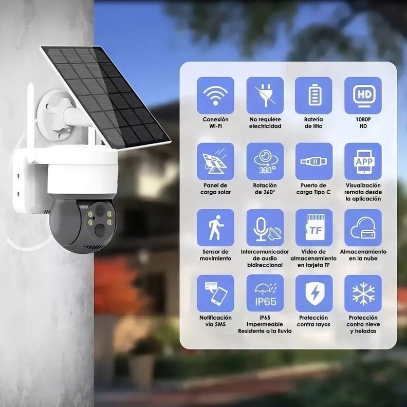 Cámara Wi-Fi con Panel Solar Sensor de Movimiento Espacios Interiores Exteriores Inalámbrica IP1080-6