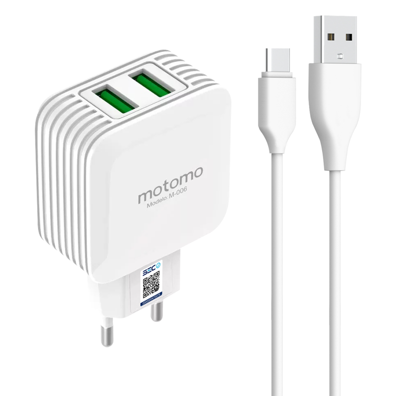 Cargador Certificado - 12W. Doble Puerto USB 2.1 - Con Cable Tipo USB a Tipo C / Motomo Modelo M 006-0