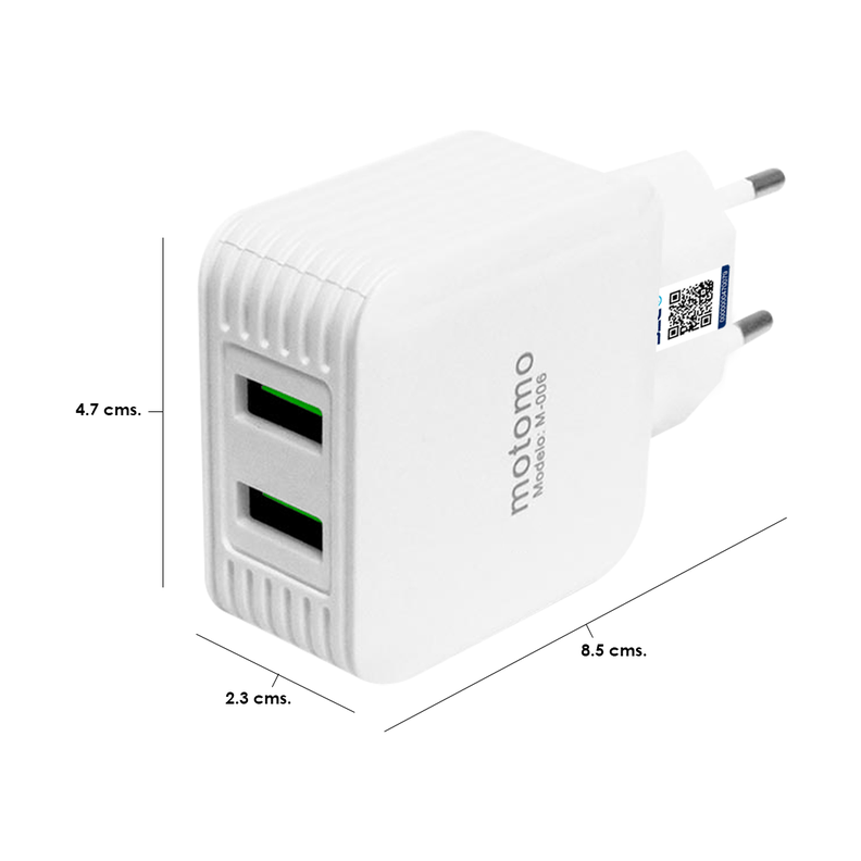 Cargador Certificado - 12W. Doble Puerto USB 2.1 - Con Cable Tipo USB a Tipo C / Motomo Modelo M 006-2