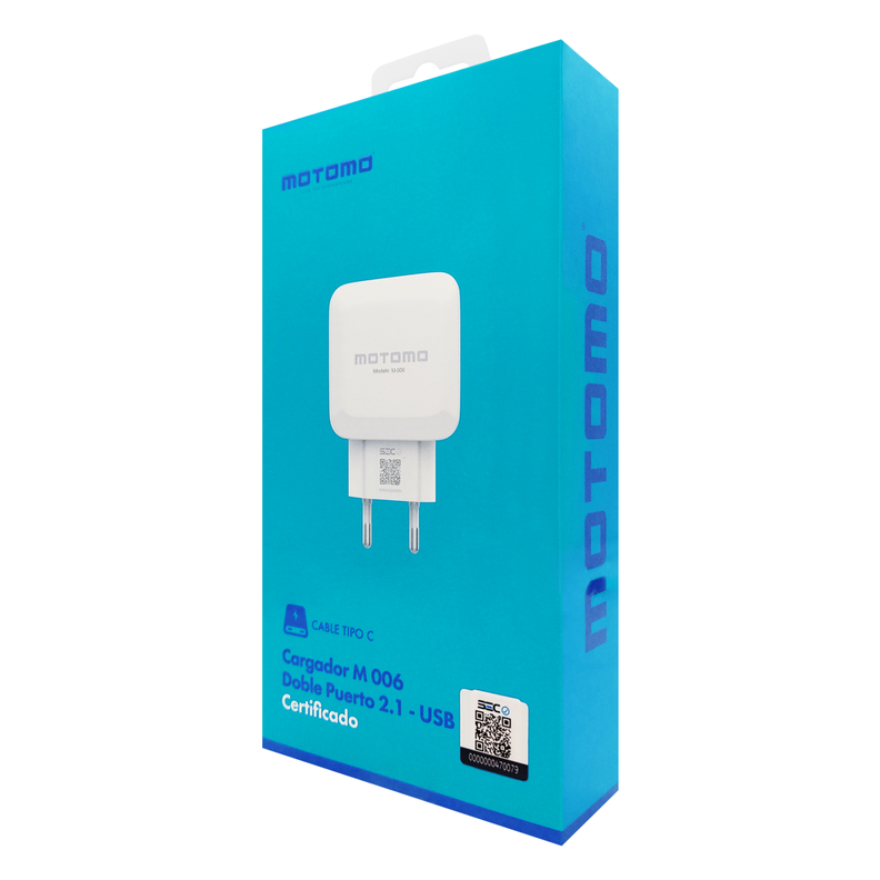 Cargador Certificado - 12W. Doble Puerto USB 2.1 - Con Cable Tipo USB a Tipo C / Motomo Modelo M 006-7