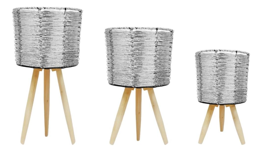 Set De 3 Maceteros Mimbre Sintético Plata Jardín Plantas Jhn-0