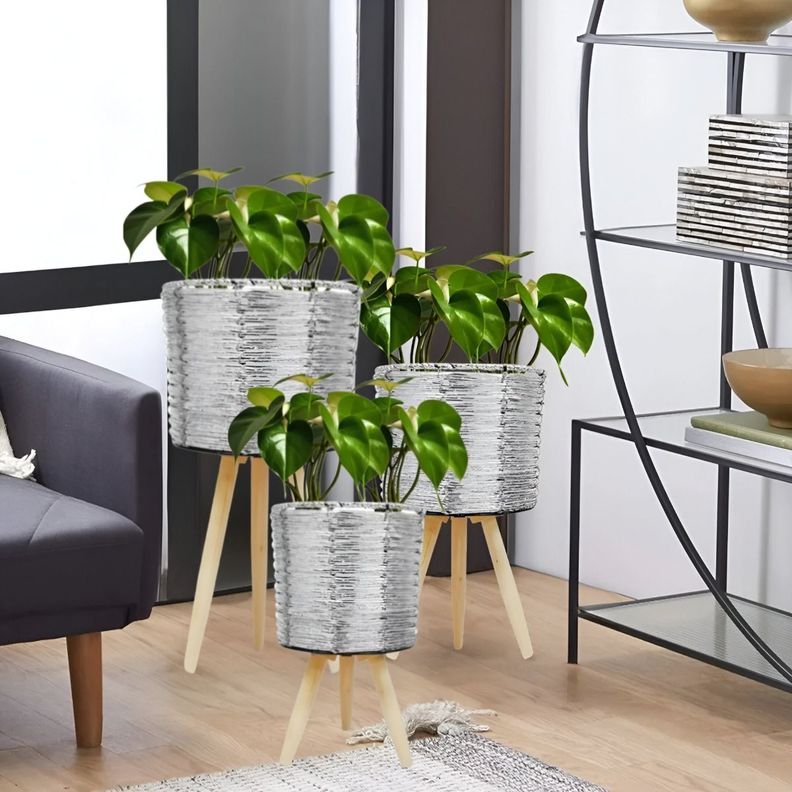 Set De 3 Maceteros Mimbre Sintético Plata Jardín Plantas Jhn-1