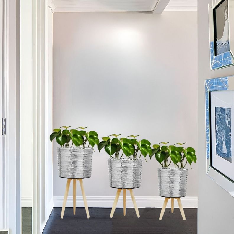 Set De 3 Maceteros Mimbre Sintético Plata Jardín Plantas Jhn-2