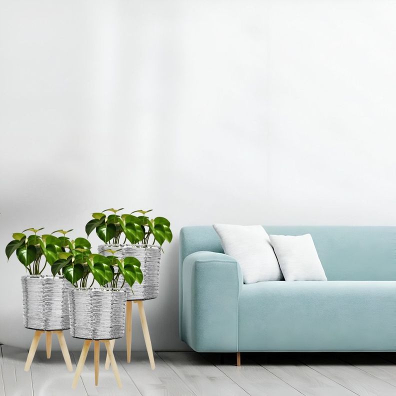 Set De 3 Maceteros Mimbre Sintético Plata Jardín Plantas Jhn-3