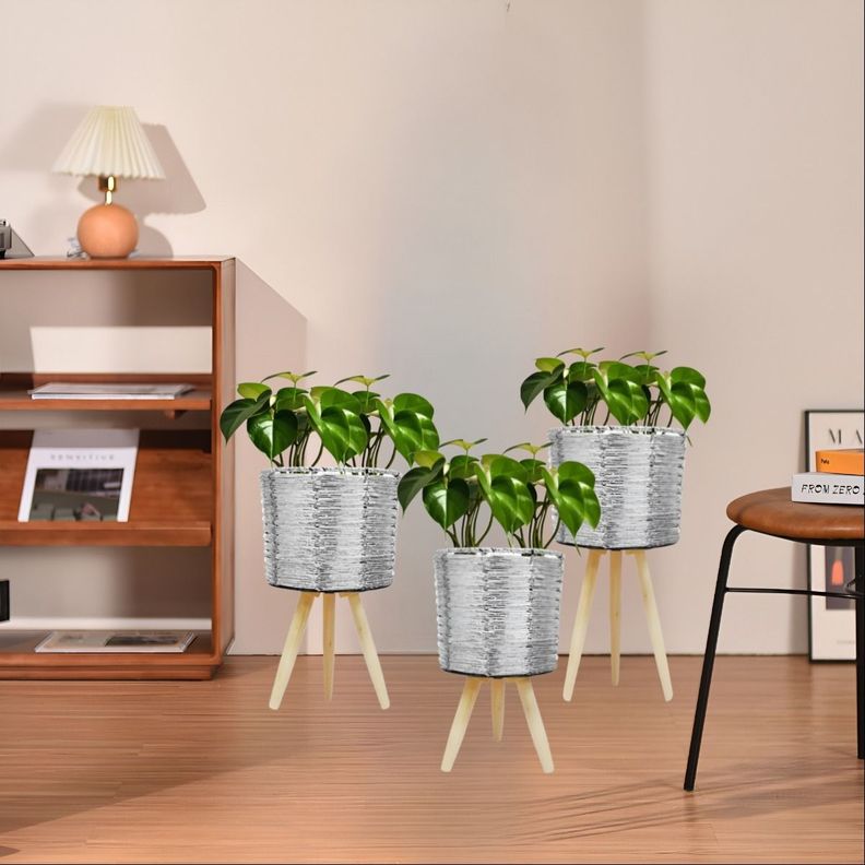 Set De 3 Maceteros Mimbre Sintético Plata Jardín Plantas Jhn-4