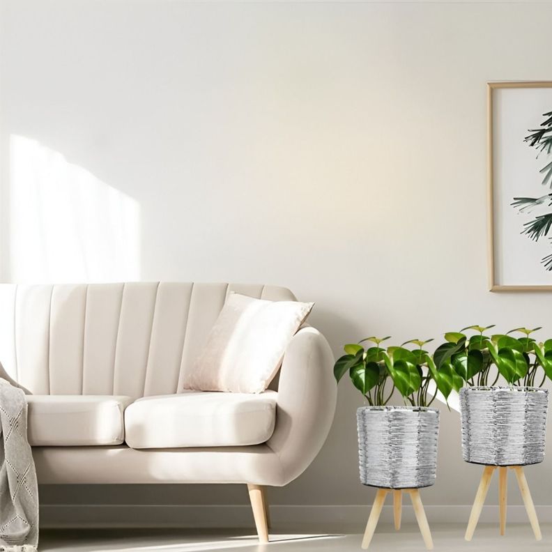 Set De 3 Maceteros Mimbre Sintético Plata Jardín Plantas Jhn-5