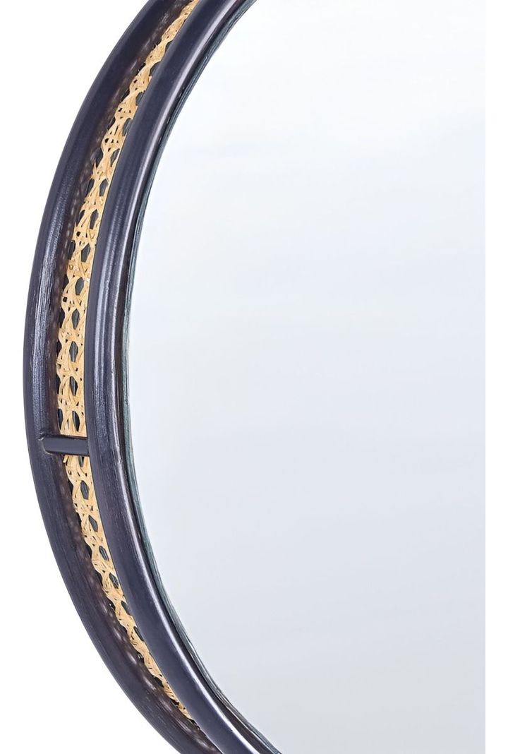 Espejo Redondo Marco Decorativo Ratán Negro Bohemio Jhn-1