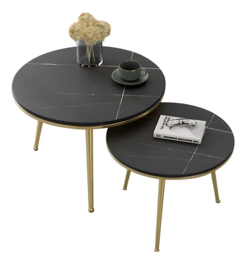 Set 2 Piezas Mesa Centro Auxiliar Circular Nórdico Negro Jhn-0