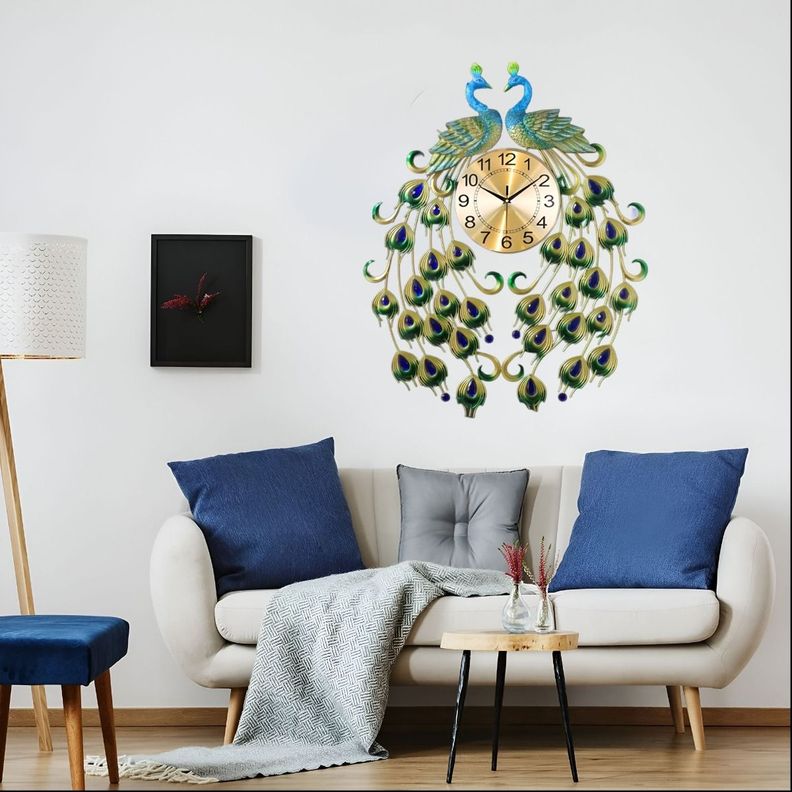 Reloj Analógico Pared Diseño Doble Pavo Real Decorativo Jhn-2
