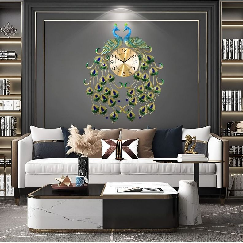 Reloj Analógico Pared Diseño Doble Pavo Real Decorativo Jhn-7
