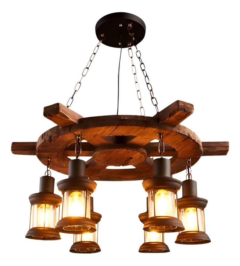 Lámpara Colgante Decorativa Madera Timón Rústica 6 Farol Jhn-0