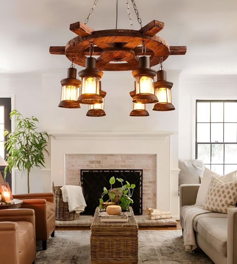 Lámpara Colgante Decorativa Madera Timón Rústica 6 Farol Jhn-2