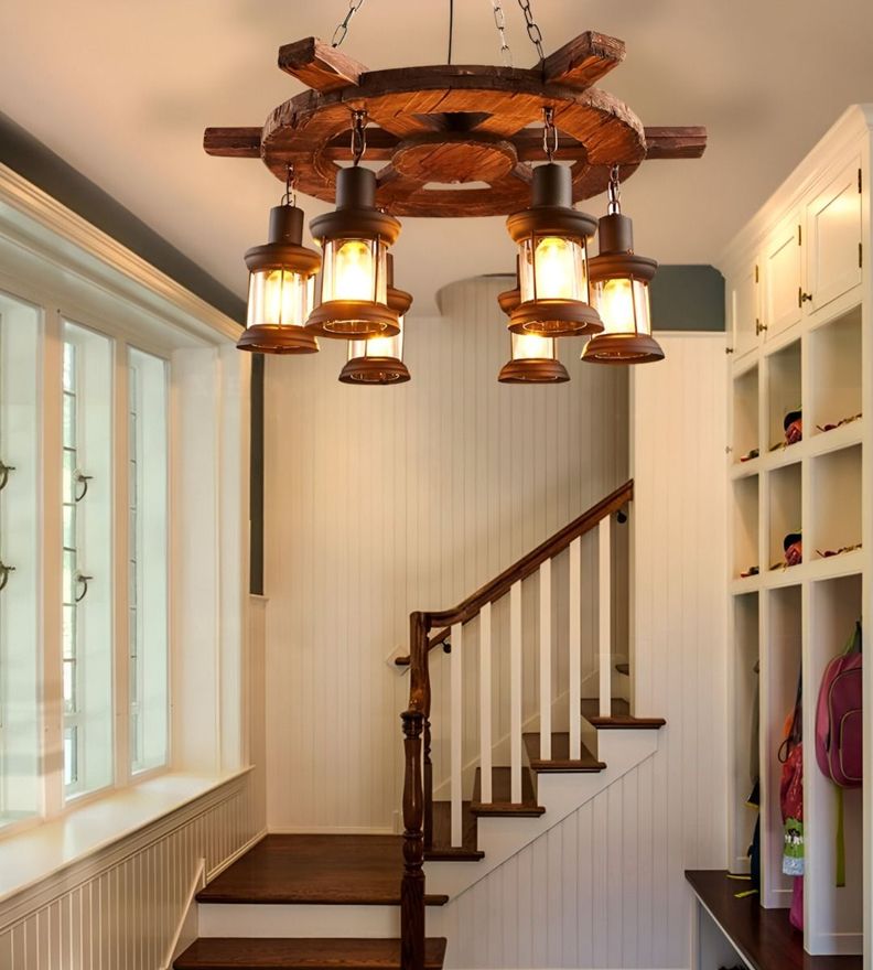 Lámpara Colgante Decorativa Madera Timón Rústica 6 Farol Jhn-3