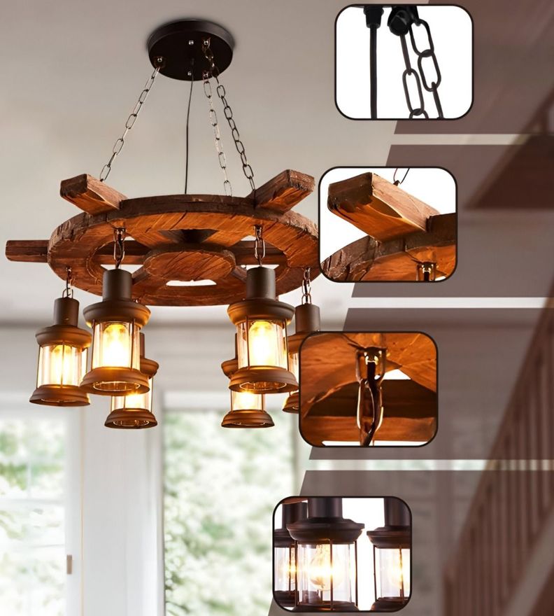 Lámpara Colgante Decorativa Madera Timón Rústica 6 Farol Jhn-4