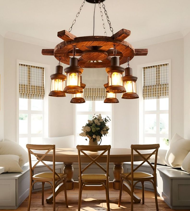 Lámpara Colgante Decorativa Madera Timón Rústica 6 Farol Jhn-5