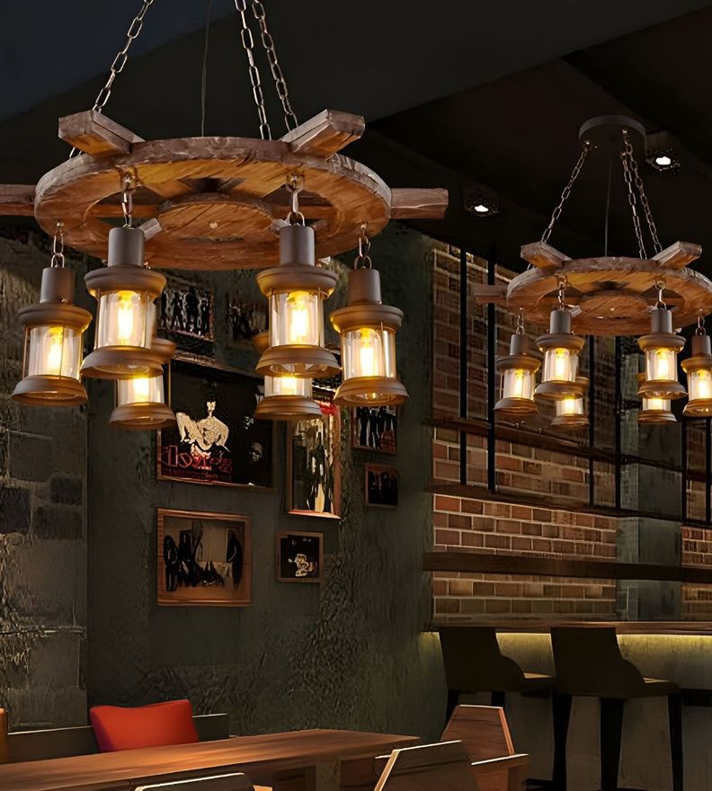 Lámpara Colgante Decorativa Madera Timón Rústica 6 Farol Jhn-6