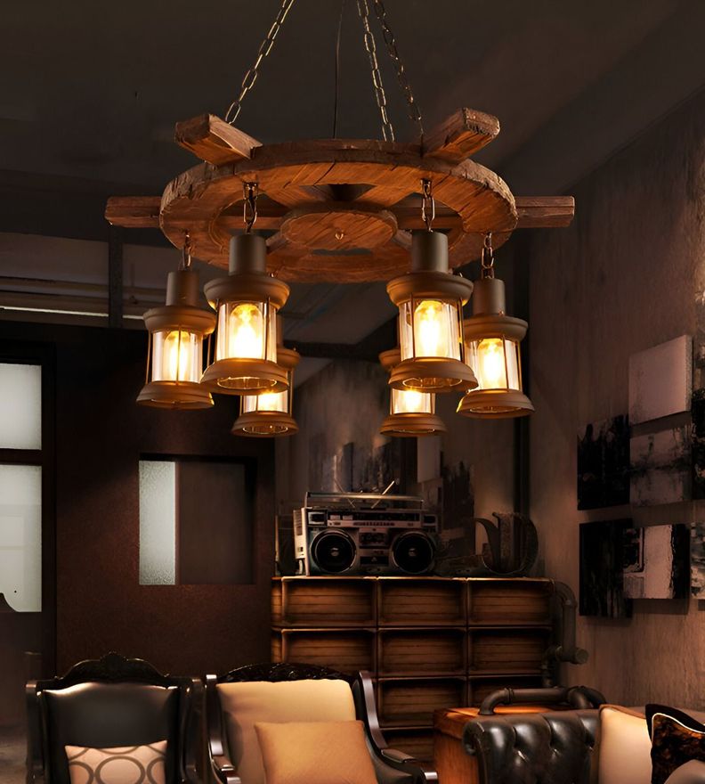 Lámpara Colgante Decorativa Madera Timón Rústica 6 Farol Jhn-7