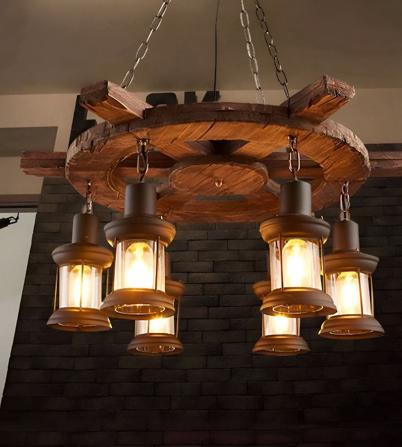 Lámpara Colgante Decorativa Madera Timón Rústica 6 Farol Jhn-8