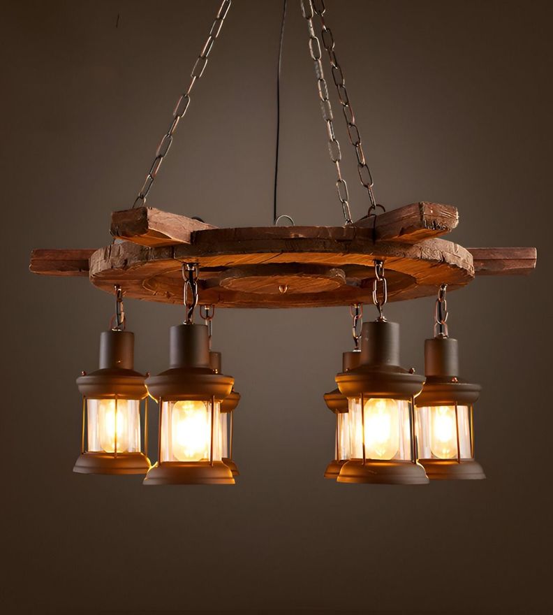 Lámpara Colgante Decorativa Madera Timón Rústica 6 Farol Jhn-9