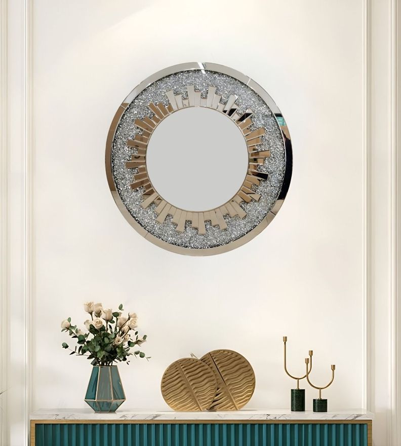 Espejo Pared Estilo Diamante Cristal Redondo Plateado Jhn-1