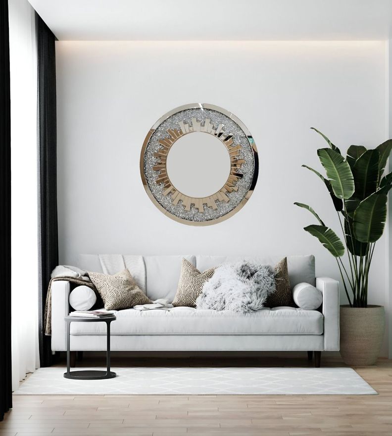 Espejo Pared Estilo Diamante Cristal Redondo Plateado Jhn-3