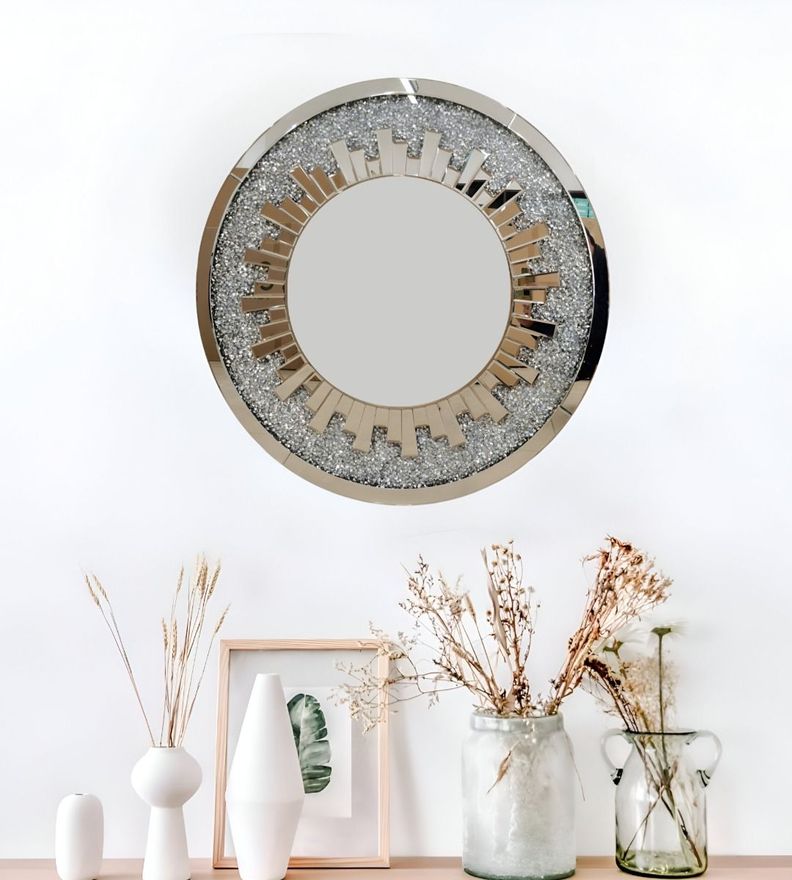 Espejo Pared Estilo Diamante Cristal Redondo Plateado Jhn-6