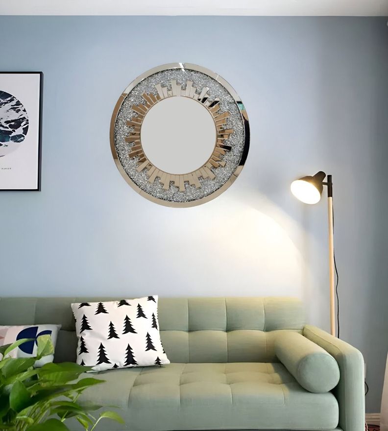 Espejo Pared Estilo Diamante Cristal Redondo Plateado Jhn-8