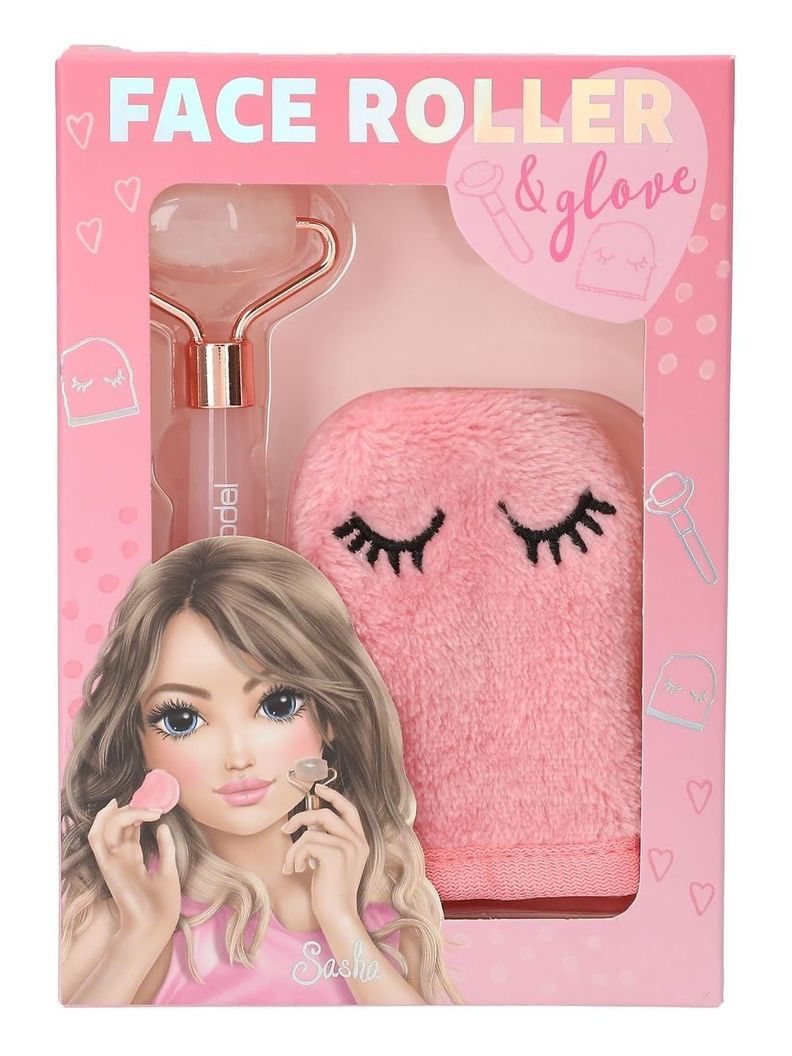 Set Con Rodillo Facial De Cuarzo De Rosa Y Guante Suave Rosado