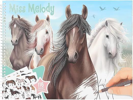 Libro para colorear caballos con stickers Miss Melody -0