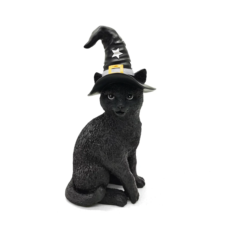 Gato Negro 32 Cm Con Sombrero De Bruja Deco Halloween Resina-0
