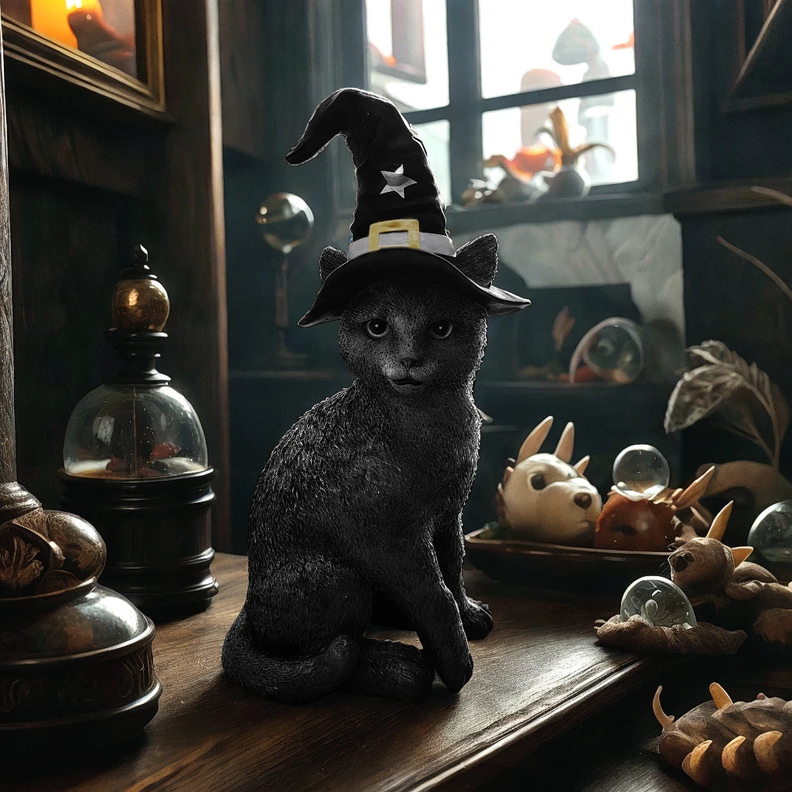 Gato Negro 32 Cm Con Sombrero De Bruja Deco Halloween Resina-1